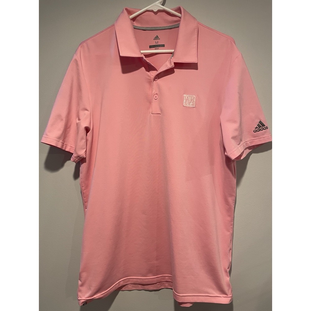 Mens Adidas Golf Shirt Size Medium Pink Monogram "M" Collared Button Polo